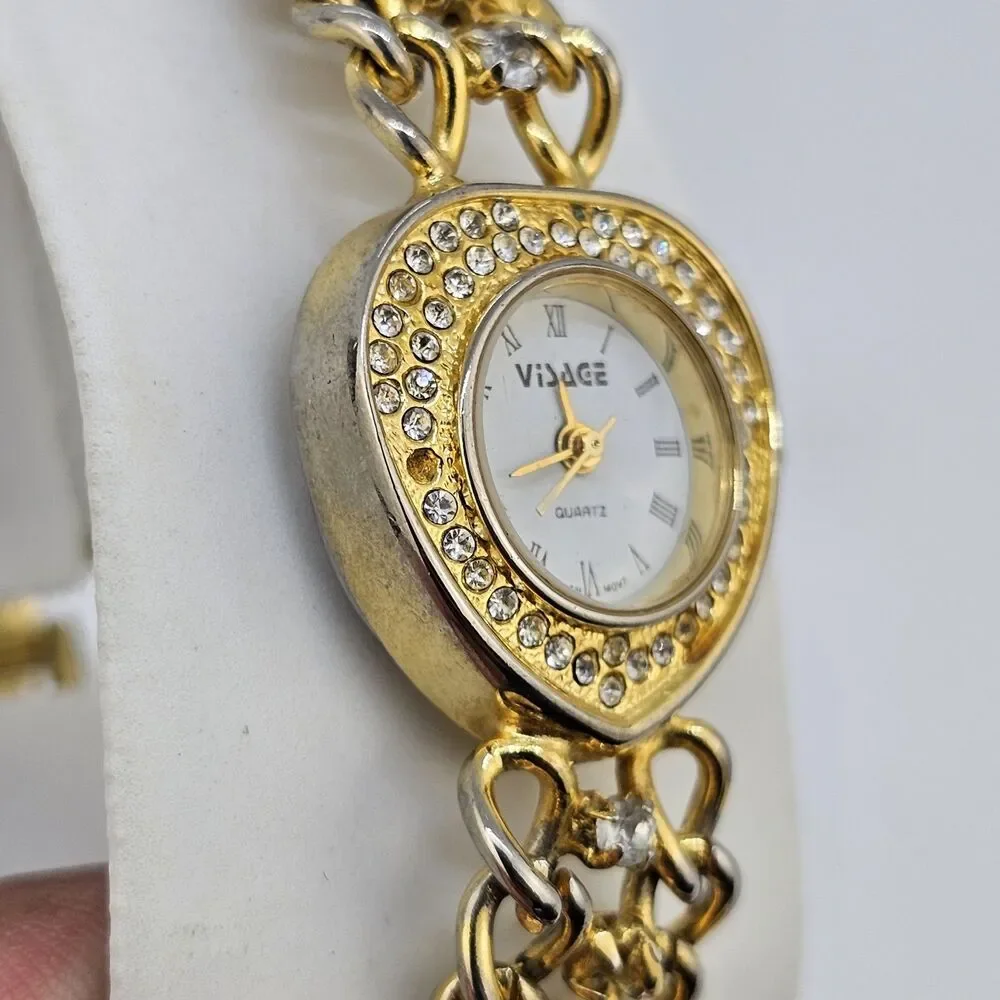 Visage Women's Watch Hearts 21MM White Dial Gold Bracelet Band 6.5